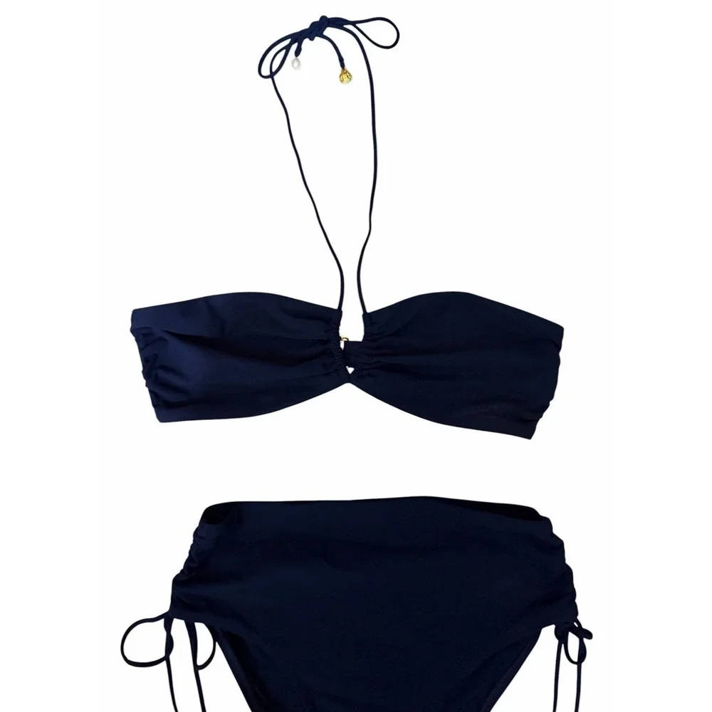 Tory Burch Bandeau Halter Bikini Top & High-Waisted Cinched Bikini Bottoms Small
